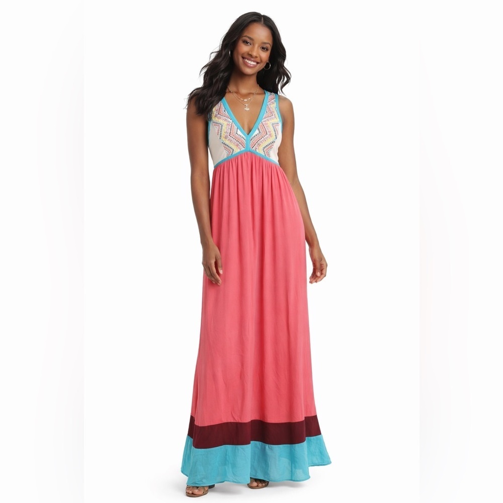 V-Neck Coral Maxi Dress with Turquoise Trim